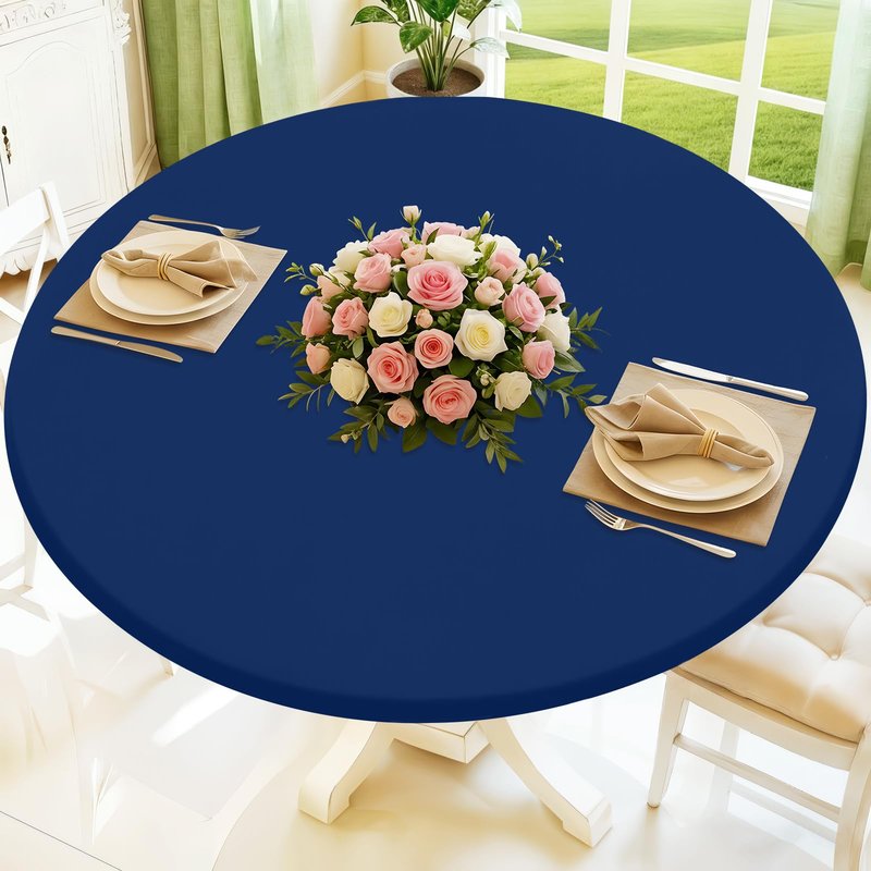 Moosfor Round Spandex Tablecloth, Elastic Fitted Waterproof Tablecloths for 25"-30" Tables, Stretch Washable Picnic Table Cover for Camping, Dining, Indoor and Outdoor, Navy