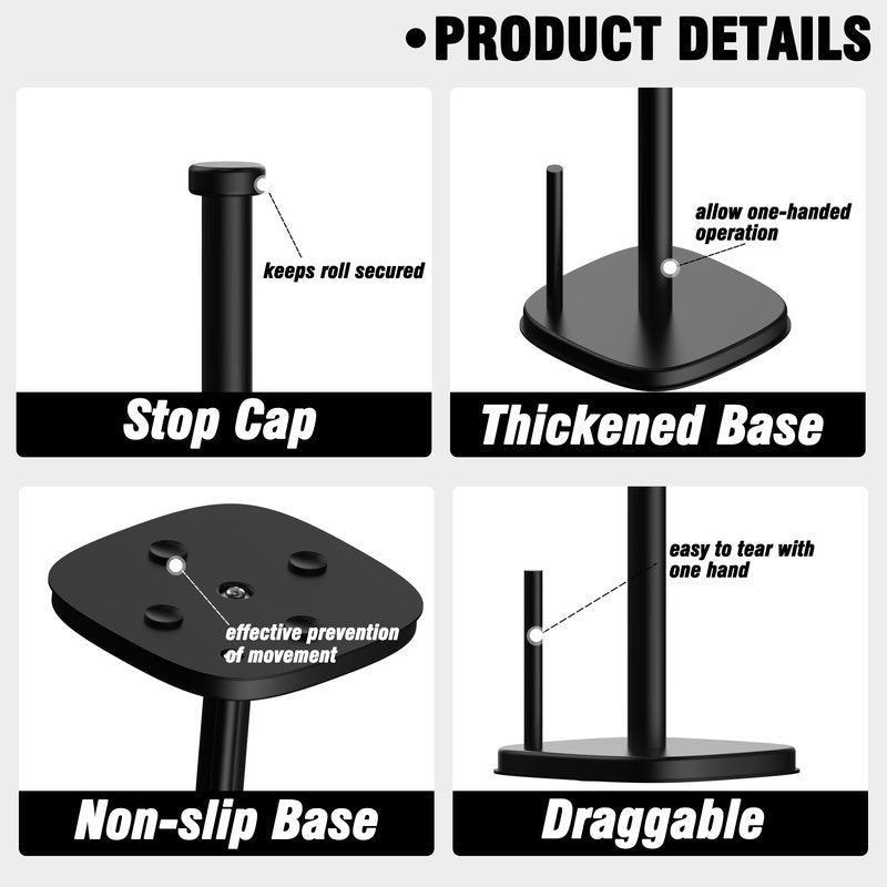 MIROAMZ Paper Towel Holder Countertop, Stainless Steel Paper Roll Holder with Weighted Base Suction Cups, One-Handed Operation Standing Paper Towel Holder for Kitchen Bathroom (Matte Black)