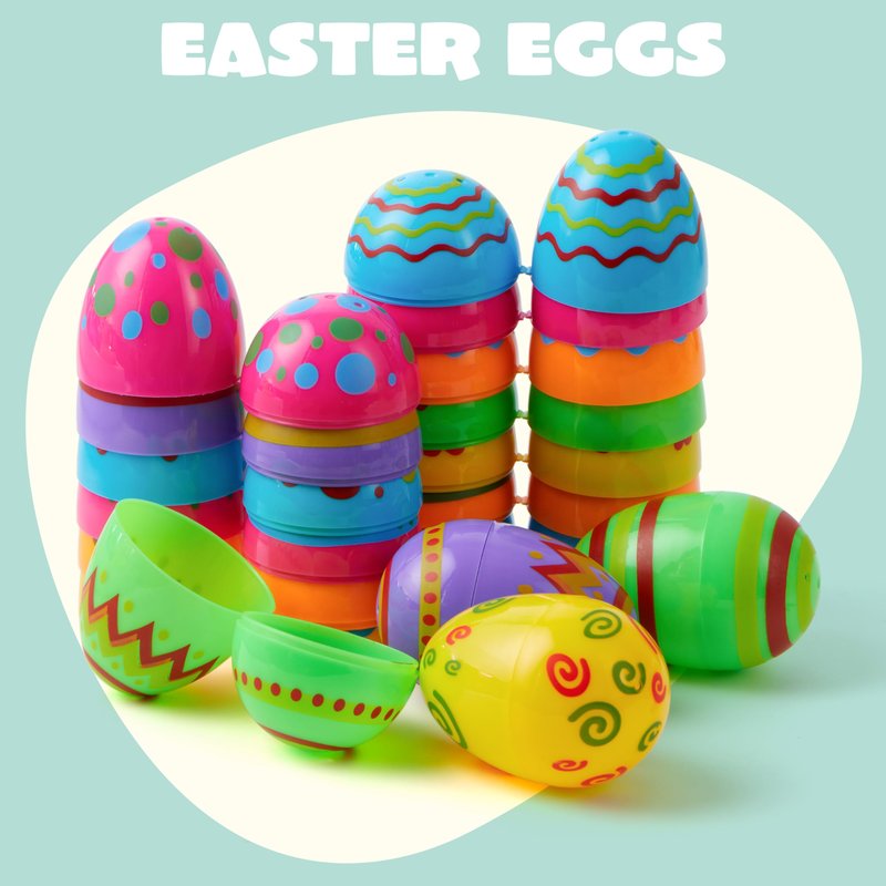 JOYIN Toy 72 PCs Plastic Printed Bright Easter Eggs, Over 3.15'' Tall Fillable Empty Eggs Bulks for Easter Hunt, Basket Stuffers Fillers, Classroom Prize Supplies, Filling Treats and Party Favor