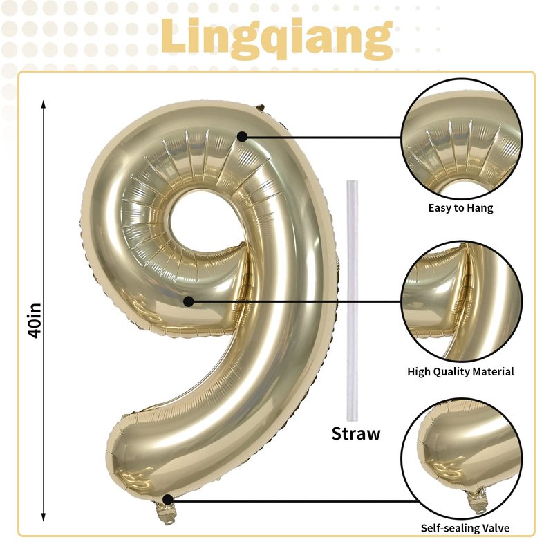 40 Inch Champagne Gold Foil Balloon Number 9, Large Self Inflating Light Gold Number Balloons 0-9 Helium Balloons Set for Girls Boys 9th Birthday Women Anniversary Graduation Party Decoration Supplies