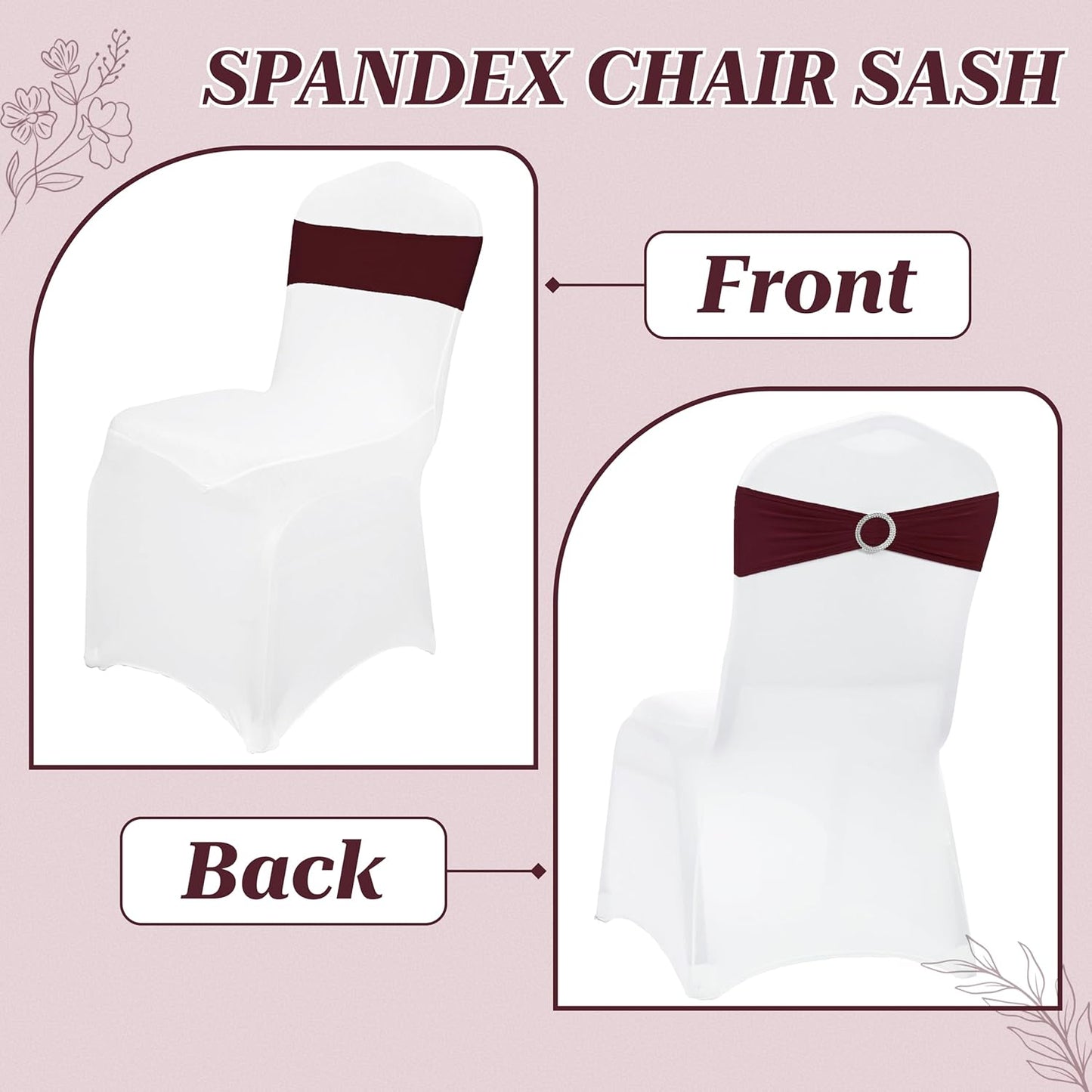 MDS Spandex Chair Sashes - Pack of 150 Elastic Stretch Bows with Buckle Slider for Wedding Decor - Burgundy