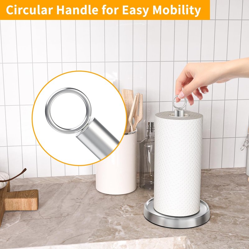 Paper Towel Holder Countertop, Stainless Steel, Weighted Base, Paper Towel Stand Holder for Kitchen Bathroom Farmhouse Essentials Decor Accessories, Silver