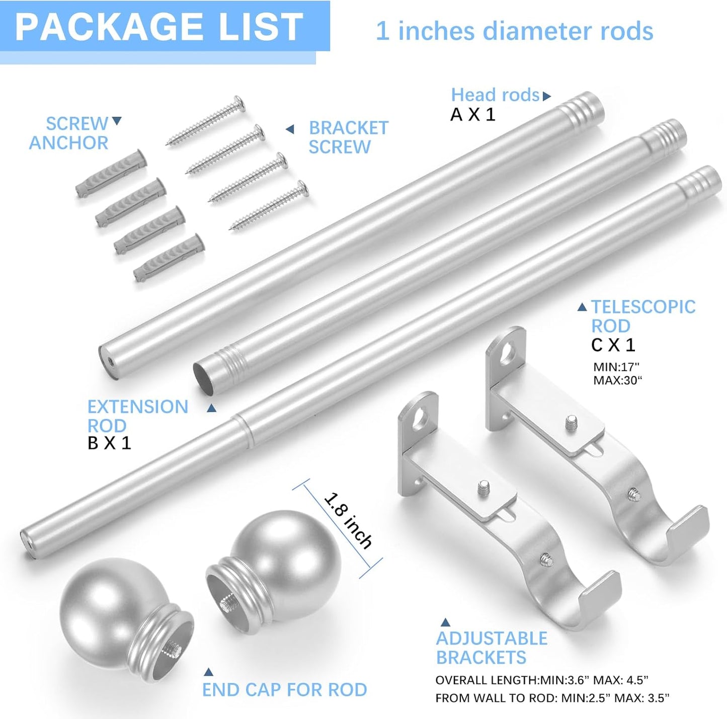 Max Adjustable Curtain Rods by [Brand Name] - 16 to 48 Inches, 1-Inch Diameter, Satin Silver Finish