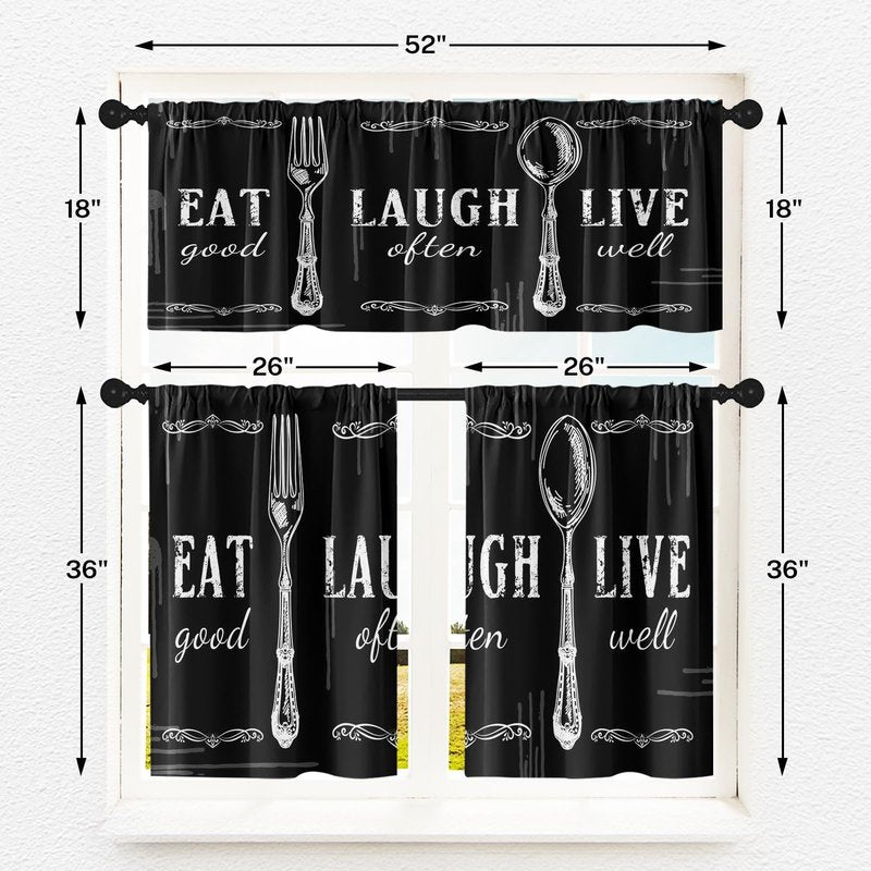 Tayney Black White Kitchen Window Curtains Valance and Tier Set 36 Inch Farmhouse Eat Good Laugh Often Live Well Rod Pocket Short Tier Curtain, Abstract Small Drapes for Kitchen Decor