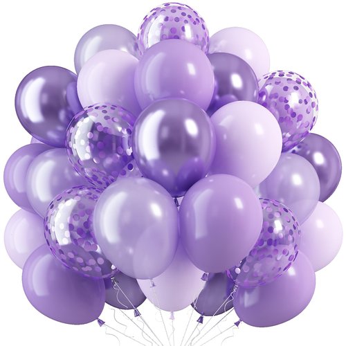 HILAVO Purple Mixed Balloons, 60 PCS 12inch Lavender Balloons Metallic Purple Confetti Latex Balloon for Girls Women Birthday Baby Shower Bridal Shower Wedding Party Decorations