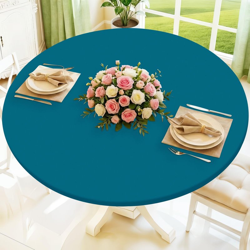 Moosfor Round Spandex Tablecloth, Elastic Fitted Waterproof Tablecloths for 25"-30" Tables, Stretch Washable Picnic Table Cover for Camping, Dining, Indoor and Outdoor,Peacock Blue