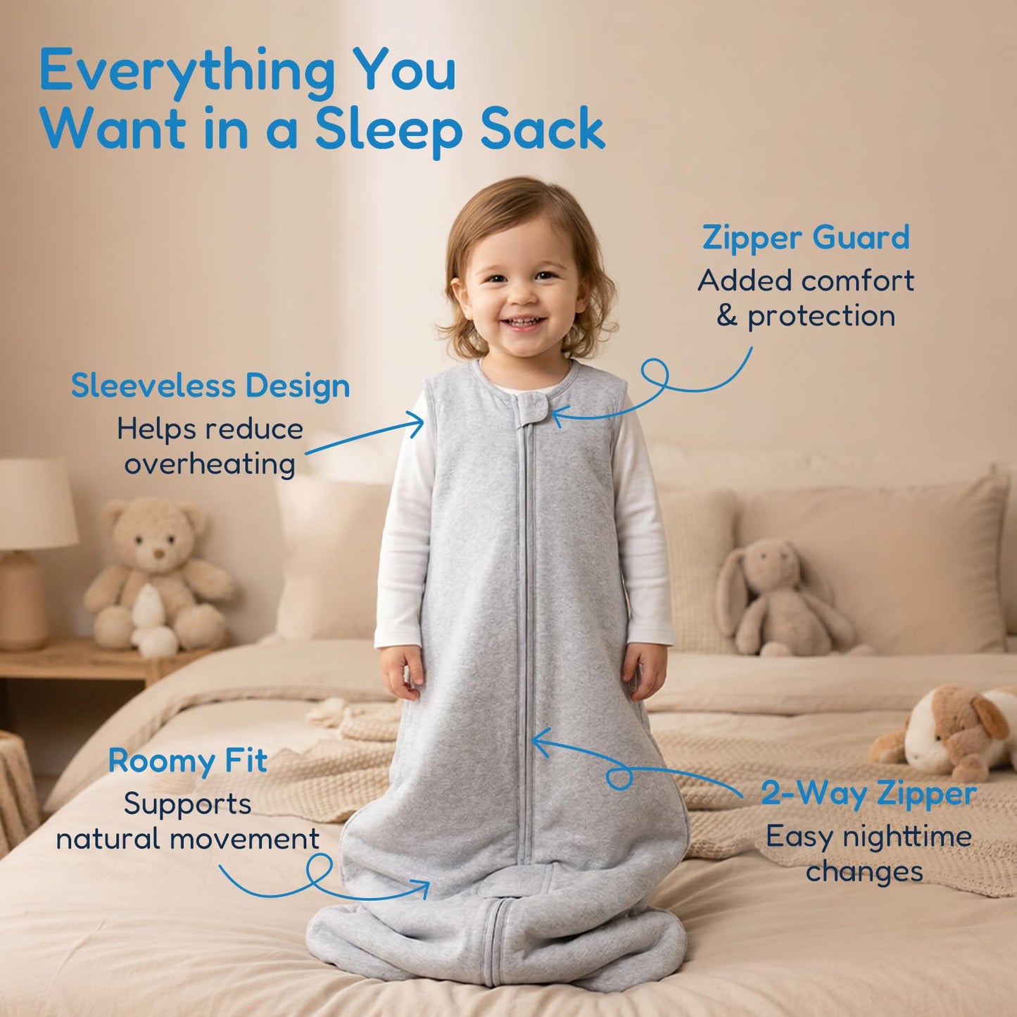 TotAha Toddler Sleep Sack 1.0 TOG for 2T-3T-4T, Soft Wearable Blanket Baby Sleep Bag with 2-Way Safe Zippers,Fluffy Extra Large Sleeping Sacks, Grey