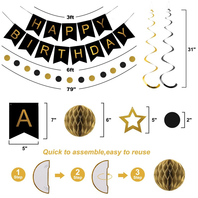 meowtastic Birthday Decorations, Happy Birthday Banner with Honeycomb Balls, Star Hanging Swirl Streamers, Circle Dot Garland, Happy Birthday Party Decorations for Women Men Boys Girls (Black & Gold)