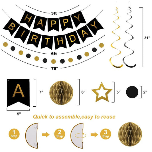 meowtastic Birthday Decorations, Happy Birthday Banner with Honeycomb Balls, Star Hanging Swirl Streamers, Circle Dot Garland, Happy Birthday Party Decorations for Women Men Boys Girls (Black & Gold)