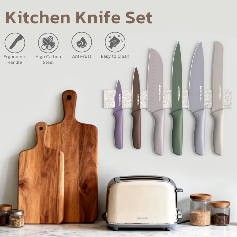 Astercook Knife Set, 13 Pieces Kitchen Knives Set with Healthy Anti-Rust Coating, Dishwasher Safe, Stainless Steel Chef Knife Sets with 6 Blade Guards, Perfect Holiday Gifts for Kitchen Morandi