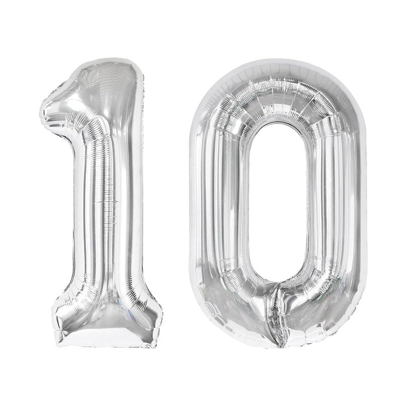 Silver Number 10 Balloon 40 inch, 10 Number Balloons, 10th Silver Birthday Decorations for Girls Boys Kids, 10 Year Old Silver Party Supplies