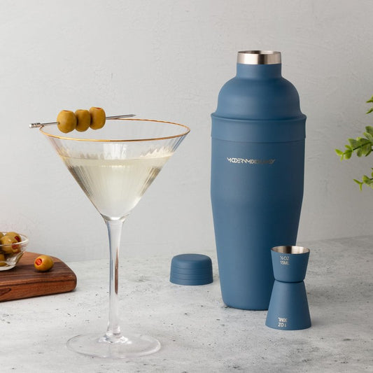 Modern Mixology 24oz Matte Blue Cocktail Shaker Set – Bartender Essentials with Built-In Strainer, Cap, Jigger for Martini, Margarita, More – Luxury Drink Mixer Kit for Bar, Gift for Men and Women