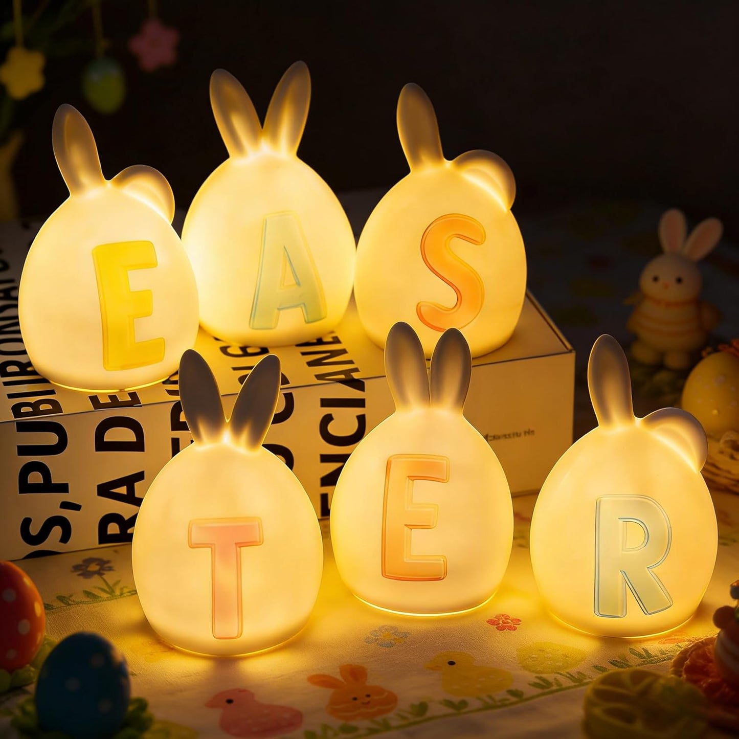 Nerosun Easter Bunny Decorations - 6 Pack Ceramic Lighted Rabbit Figurines | Spring Table Centerpiece