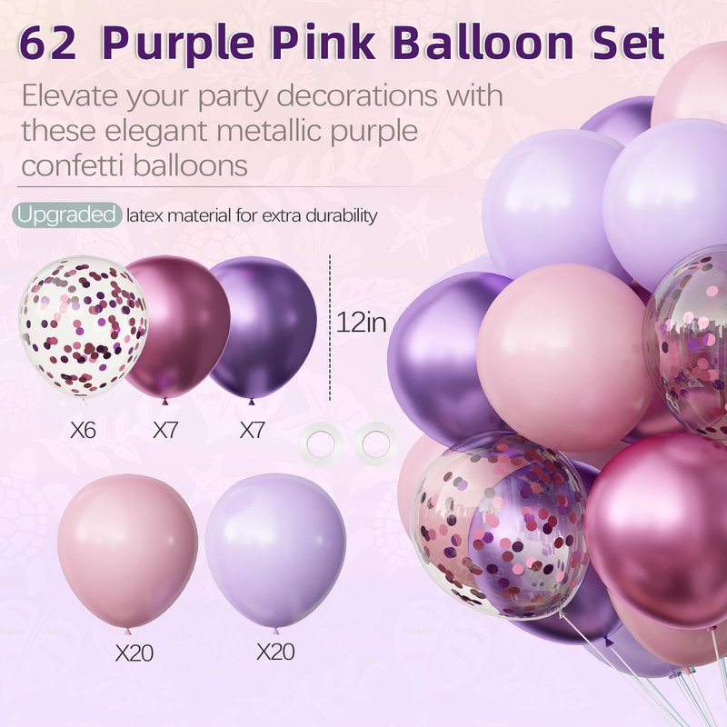 OuMuaMua Pink and Purple Balloons, 62Pcs Light Pink Balloon Lavender Balloon Purple Latex Balloons for Women Girls Birthday Baby Shower Wedding Princess Party Decorations, 12 Inch