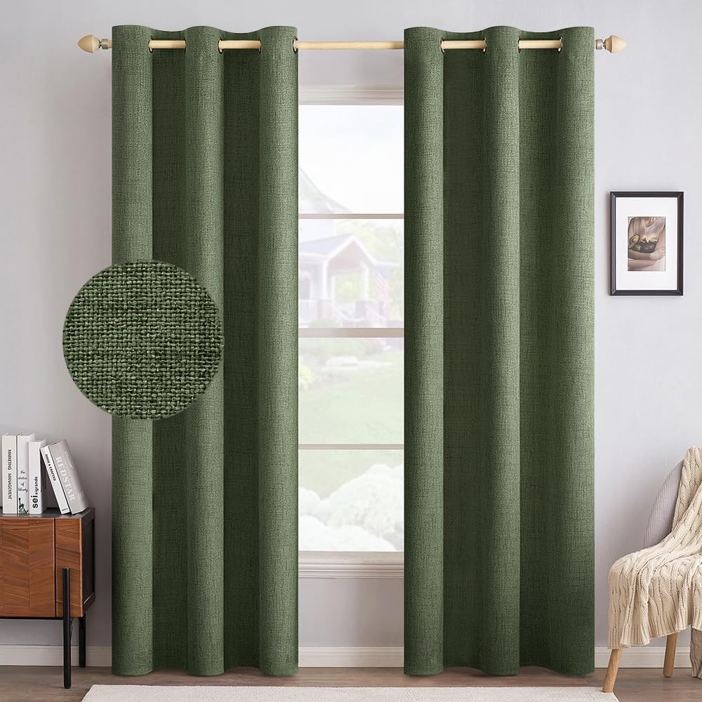 MIULEE 100% Blackout Linen Textured Curtains - Olive Green Thermal Insulated Drapes | 42 x 84 Inch (2 Panels)