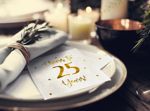 Cheers to 25 Years Cocktail Napkins | Happy 25th Birthday Decorations for Men and Women and Wedding Anniversary Party Decorations | 50-Pack 3-Ply Napkins | 5 x 5 inch folded (White)