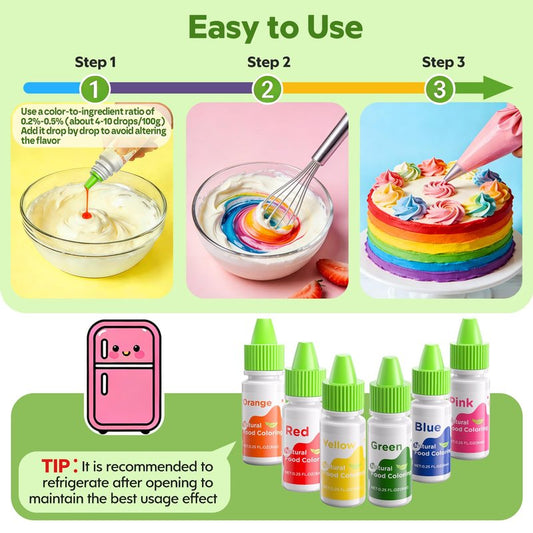 Natural Food Coloring - 6 Colors Dye Free Food Coloring, Strong Color Power, Gluten-Free, FD&C & Artificial Dye Free Formula for Baking, Icing and Cooking, Cakes, Cupcakes, Frosting，Easter Eggs & Holiday Treats