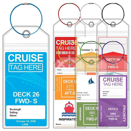 ME.FAN 7 Pack Cruise Luggage Tag Holder for Carnival, Princess, MSC, NCL, Clear Cruise Tags Holder - Waterproof, Reusable, Zip Seal, Cruise Essentials