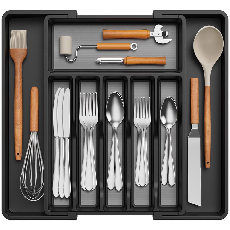 Lifewit Silverware Drawer Organizer, Expandable Utensil Tray for Kitchen, BPA Free Flatware and Cutlery Holder, Adjustable Plastic Storage for Spoons Forks Knives, 33 -57 x 42cm, Black and Gray