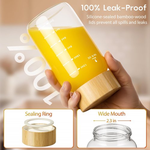 Freshmage 16 oz Borosilicate Glass Water Bottles (4 Pack) - High-Heat Resistant & Durable Wide Mouth Reusable Bottles with Bamboo Lids, Leak Proof for Juicing, Smoothies, Beverage Storage, BPA-Free