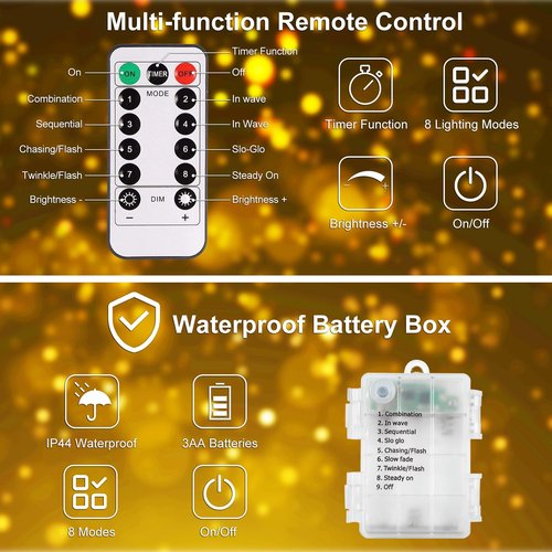 echosari 2 Pack Christmas String Lights Battery Powered, 100 LED 33Ft Fairy String Lights Remote Timer 8 Modes Waterproof Fairy Lights for Bedroom Wedding Party Outdoor Indoor Decor (Warm White)