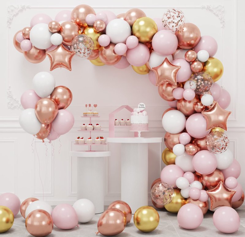 RUBFAC 140pcs Rose Gold Balloon Garland Arch Kit, Light Pink Gold White Metallic Rose Gold Confetti Balloons for Mother's Day Valentine Graduation Birthday Baby Shower Wedding Party Decoration