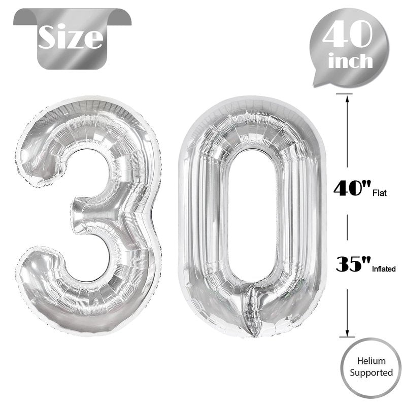 Silver Number 30 Balloon 40 inch, 30 Number Balloons, 30th Silver Birthday Decorations for Girls Boys Kids, 30 Year Old Women Men Silver Party Supplies