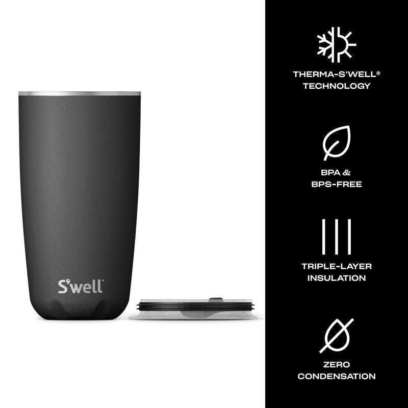 S'well Stainless Steel Tumbler with Slide-Open Lid, 18oz, Onyx, Triple Layered Vacuum Insulated Containers Keeps Drinks Cold for 12 Hours and Hot for 4, BPA Free