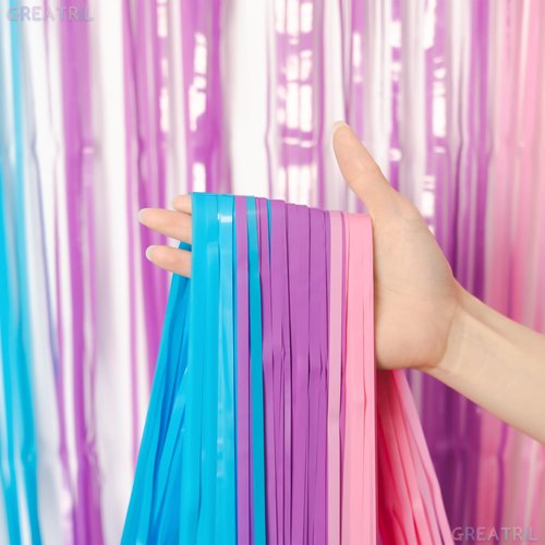 Blue Purple Pink Tinsel Backdrop - GREATRIL Pastel Foil Fringe Curtain Streamers for Pony Theme Birthday Mermaid Shower Unicorn Girls Party Decorations 2 Packs
