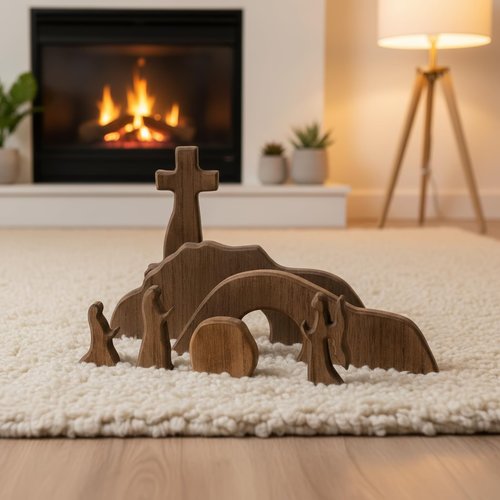 IoF Easter Decorations - Wooden Easter Decoration, He Risen Resurrection Scene Empty Tomb Chirstian Easter Decor for Home Office (Dark Wood Brown)