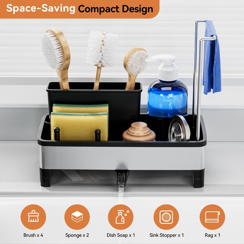 Laveshop Sponge Holder for Kitchen Sink, Rustproof Stainless Steel Sink Caddy with Auto-Drain, Removable Brush Holders, Soap and Dishcloth Organizer, Black