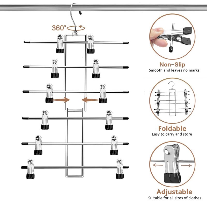 Pants Hangers with Clips,Space Saving Hanging Closet Organizer-6 Tiers Skirt Hangers with 360° Swivel Hook,Closet Organizer-Clothes Hangers- College Dorm Essentials Apartment Essentials-2 Pack