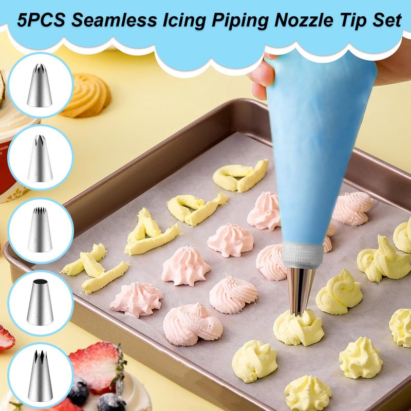 Large Piping Tips Set, Piping Bags and Tips Set 5 PCS Stainless Steel Frosting Tips for DIY Pastry Dough, Cookie, Cupcake, Cake (1M 2D 2F 6B 2A)