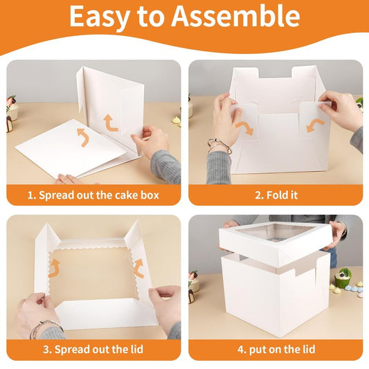 WINKIO 10 Inch Cake Box with Cake Boards, 2 Pack Disposable Cake Carrier, Cakes Transport Container, White Bakery Holder with Window, for Cookies Pies Cupcakes Pastry (10×10×8 Inches)