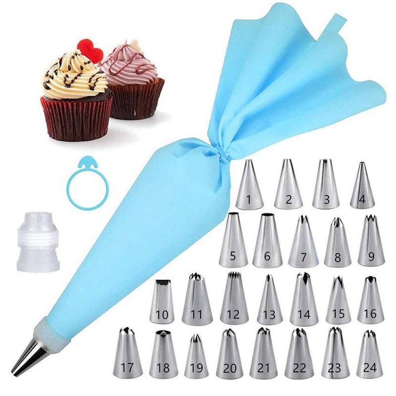 27-Piece Cake Decorating Kit with 24 Stainless Steel Nozzles, Reusable Silicone Bag, Coupler & Tie - Icing Bags and Tips Set for Cupcakes, Cookies & Baking