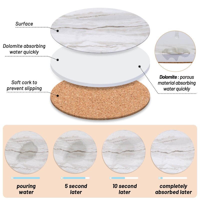 Caffox Coasters Set of 10, Absorbent Drink Coasters with Holder, Marble Style Ceramic Coaster for Wooden Table, Home Decor, 4 Inches(Griege)