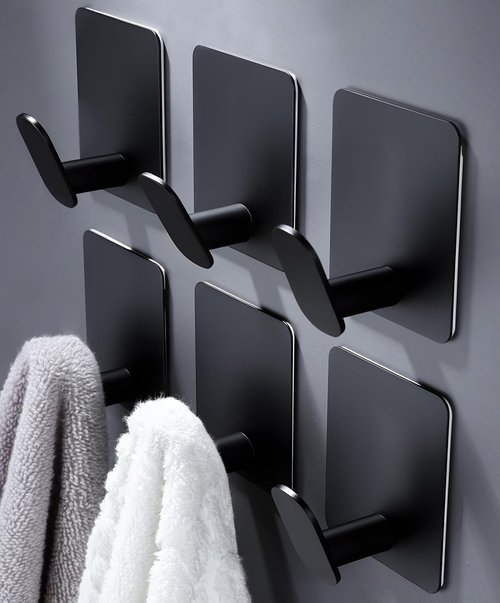 DELITON Stainless Steel Towel Hooks - Heavy Duty 6 Pack, Self-Adhesive Wall Hooks for Coats & Hats