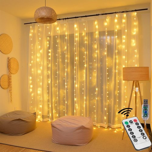 Honche 300Led Fairy Curtain String Lights 10x10ft with Remote Window Lights for Bedroom Wedding Party Festive Season Propose Christmas Decoration(Warm White)