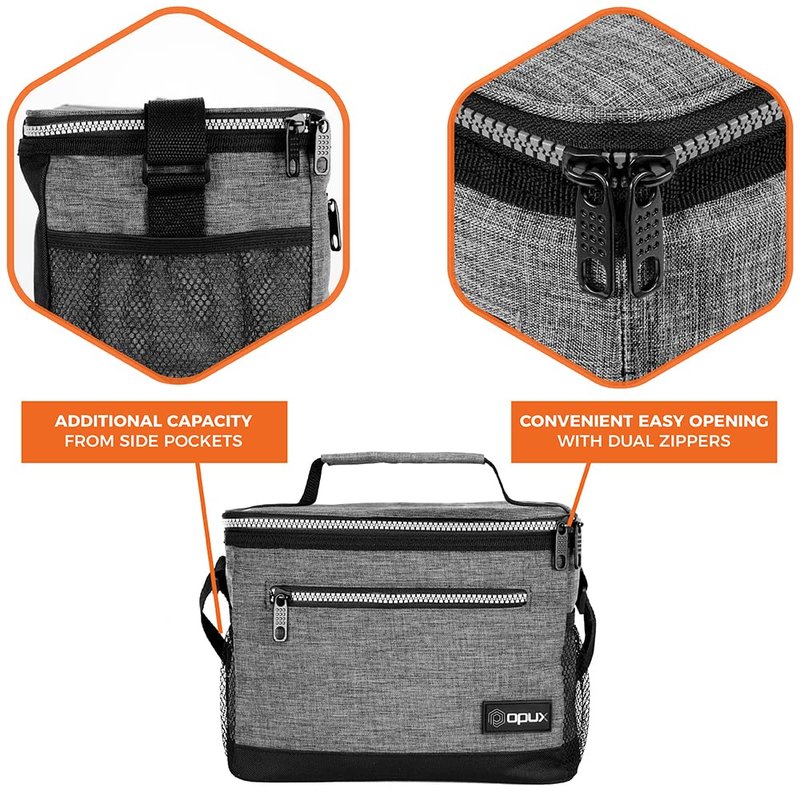 opux Insulated Lunch Box Men Women, Lunch Bag for Work School, Leakproof Soft Cooler Tote Adult, Large Lunch Pail Kids Boys Girls, Picnic Beach Food Bag with Shoulder Strap, Heather Grey