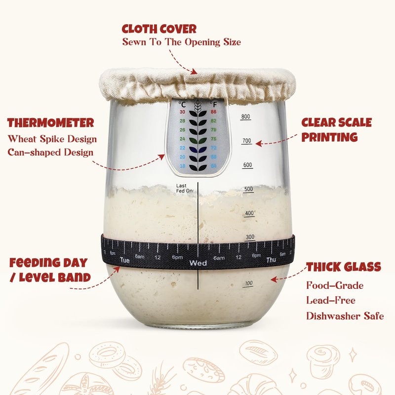 Snuvid 1 L (34 oz) Sourdough Starter Jar Kit, Wide Mouth Potbelly Crock - Glass Sour Dough Starter Bread Jar Set - Sourdough Baking Supplies - Sour Dough Bread Accessories Gifts for Sourdough Lovers
