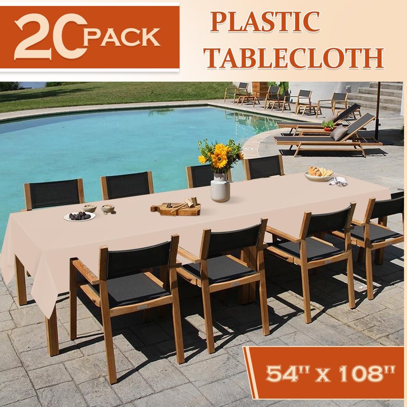 Xnluothsk 20 Pack Beige Rectangle Plastic Tablecloth, 54"x 108" Disposable Table Cloth Party Table Cover, Plastic Table Cloth for Birthday Wedding Party