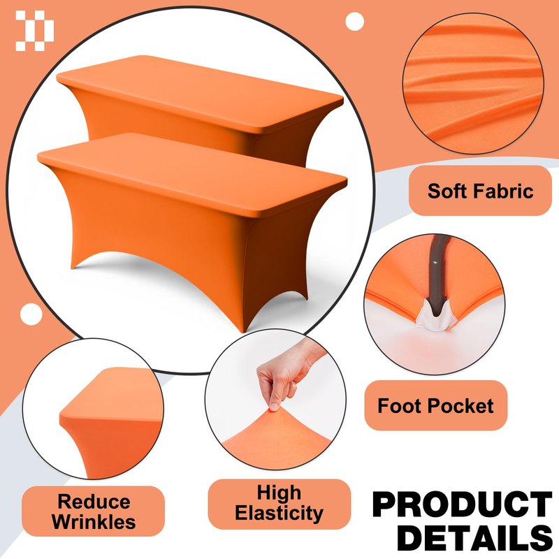 Trlyc 2 Pack 6FT Spandex Table Cloth - 72 x 30 Inch Rectangular Stretch Tablecloth, Wrinkle Resistant Scretch Table Cover for Wedding, Party, Banquet, Picnic, Outdoor Decoration (2Pcs,Orange)