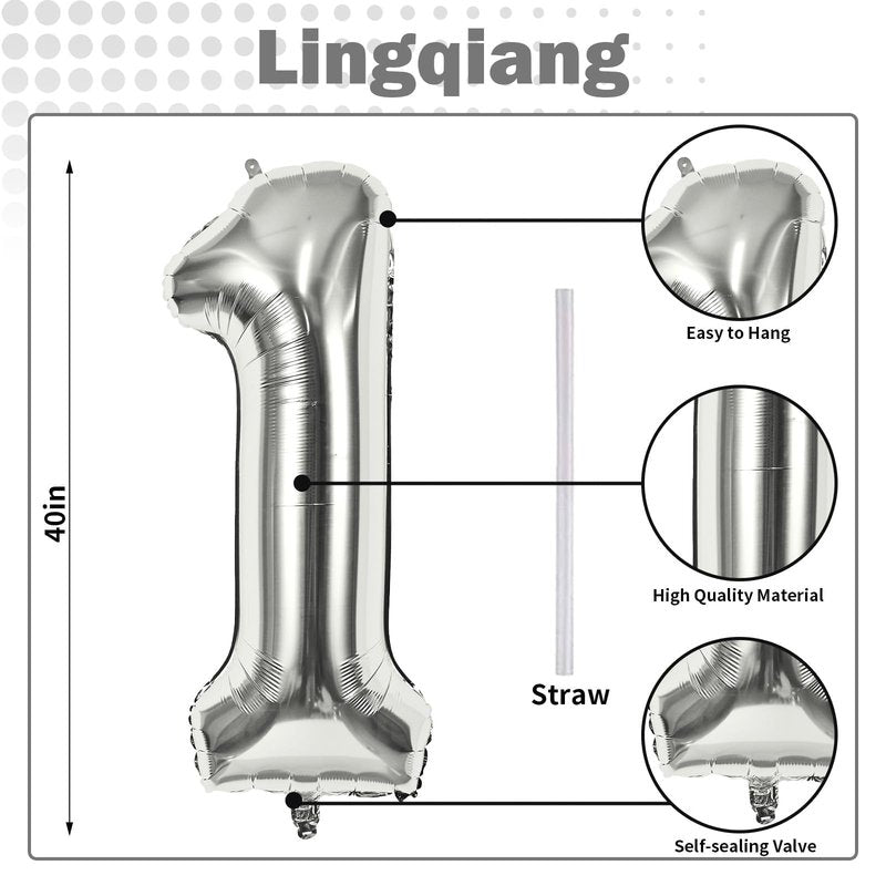 Silver 1 Balloon Number, 40 Inch Giant Helium Foil Number 0-9 for Boys Girls, Self Inflating 1st Birthday Balloon for Women Men 10th Anniversary Baby Shower New Year Wedding Party Decorations Supplies