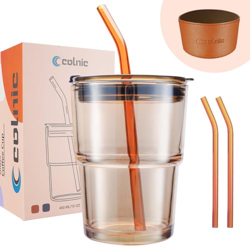 Colnic Iced Coffee Cup, 15 oz Glass Cups With Lids And Straws, Iced Coffee Glasses Tumbler, Thick Wall Mug For Tea Water With 2 Straw And Leather Sleeve, Glass Tumbler Gifts