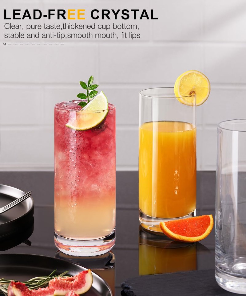 LUNA & MANTHA Drinking Water Glasses Set, Lead-Free Crystal Highball Glass, Tall Glass Cups for Cocktail Parties,Clear set of 6,13oz