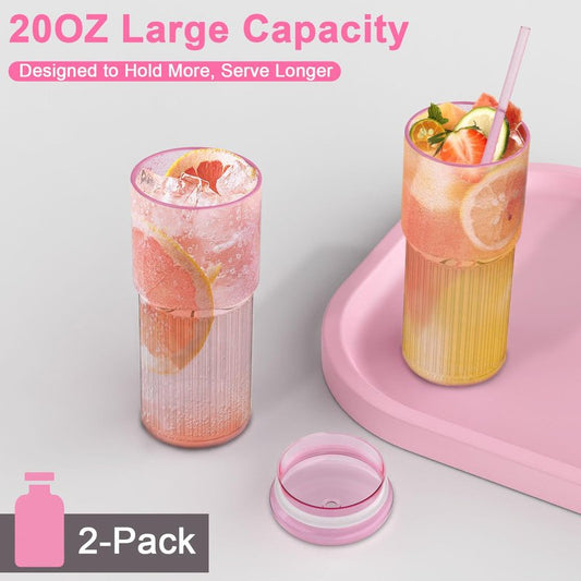 Luiaiog Glass Cups with Lids and Glass Straws, High Borosilicate 20OZ Pink Tumblers (2Pcs) for Coffee, Tea, Juice, Smoothies, Hot & Cold Drinks at Home/Office