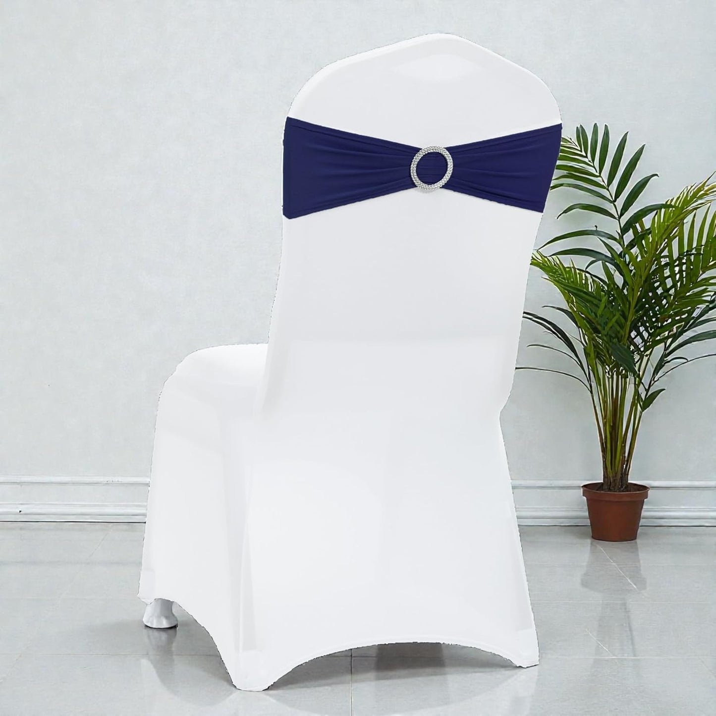MDS Premium Spandex Chair Sashes - Stretchy Bow Covers with Buckle Slider | Universal Fit for Weddings & Events - Navy Blue