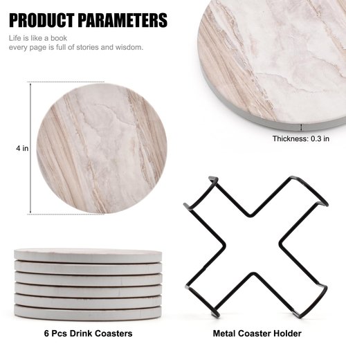 Hoewina 6Pcs Drink Coasters with Holder, Marble Style Ceramic Drink Coaster, Absorbent Coasters Set Suitable for Kinds of Cups, Modern Style Coasters for Coffee Table, 4 Inches（Style 8）