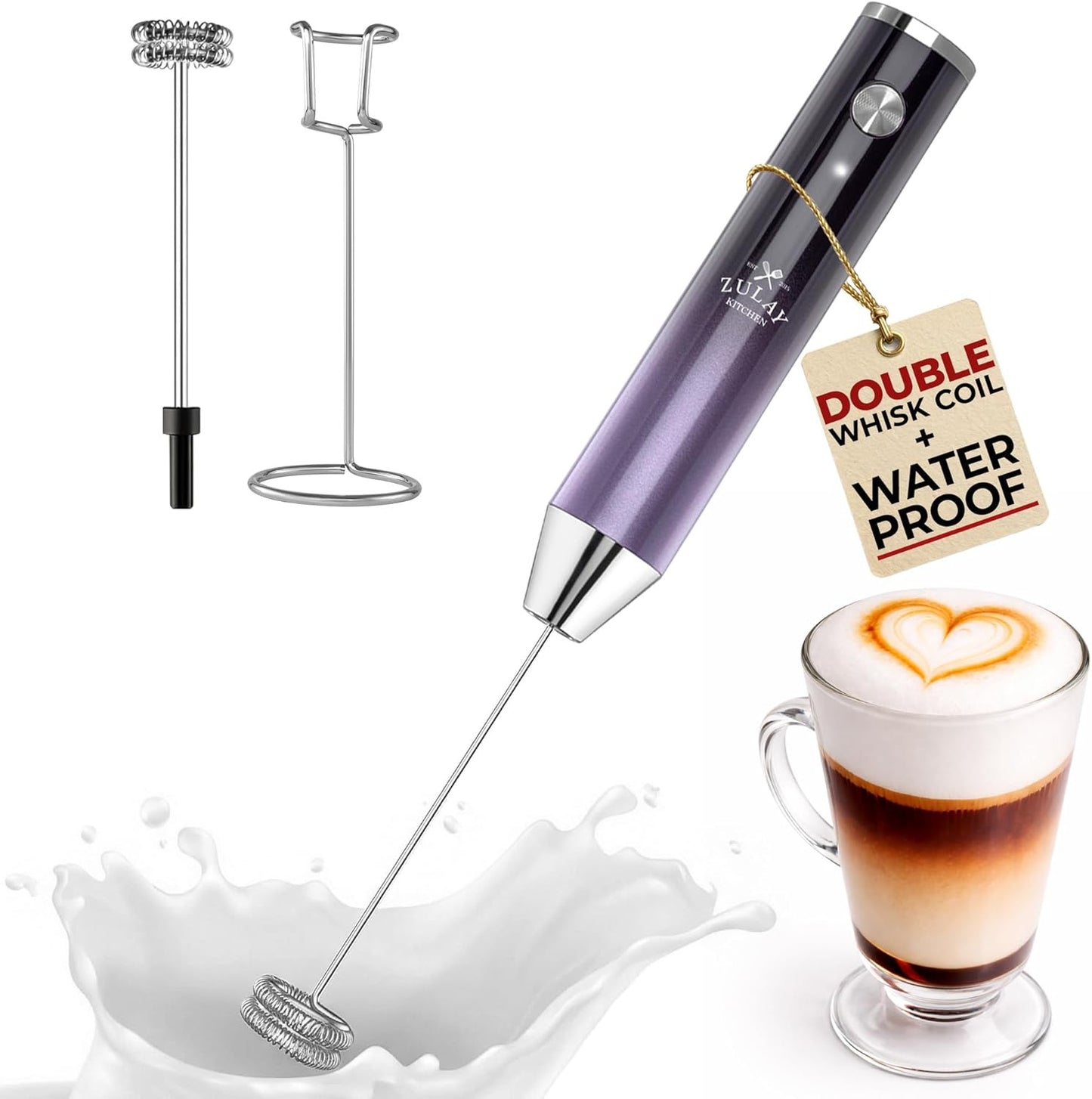 Zulay Kitchen Rechargeable Milk Frother - Powerful 2-Speed Motor, Waterproof, 2000mAh Battery | Perfect for Lattes, Cappuccinos & Matcha - Lux Galaxy