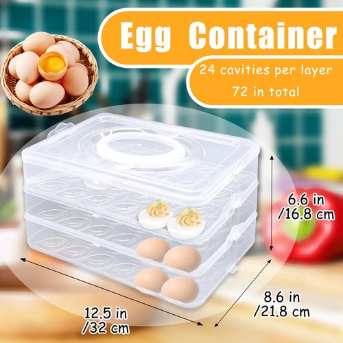 Jgalnim 3 Layer Deviled Egg Trays Containers with Lid,Plastic Refrigerator Egg Carrier with Handle for 72 holes,Clear Storage Platter for Portable Devil Egg,Easter Thanksgiving
